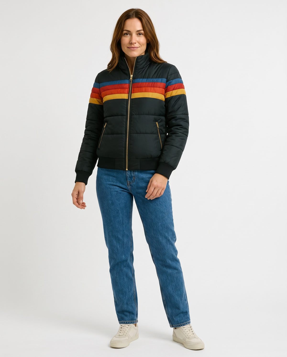 Romy | Women's Winter Puffer Jacket with Retro Chest Panel and Ribbed Hem in Black