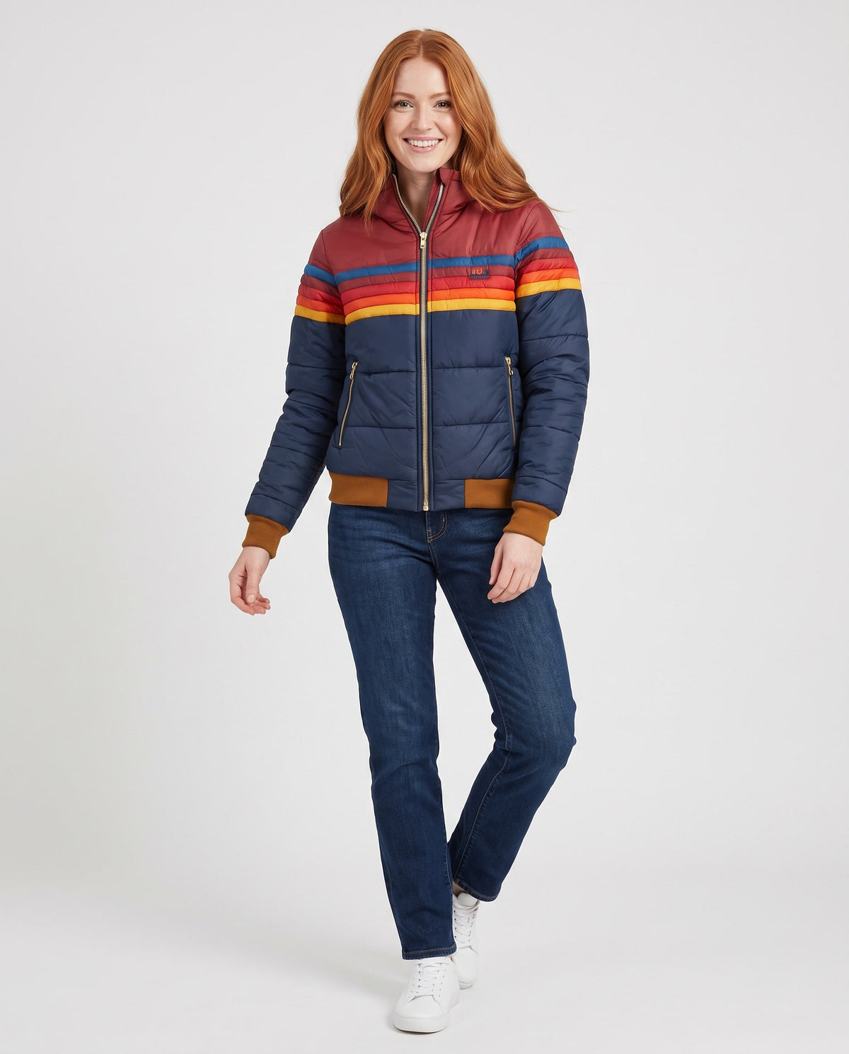 Romy | Women's Winter Puffer Jacket with Retro Chest Panel and Ribbed Hem in Navy Blue