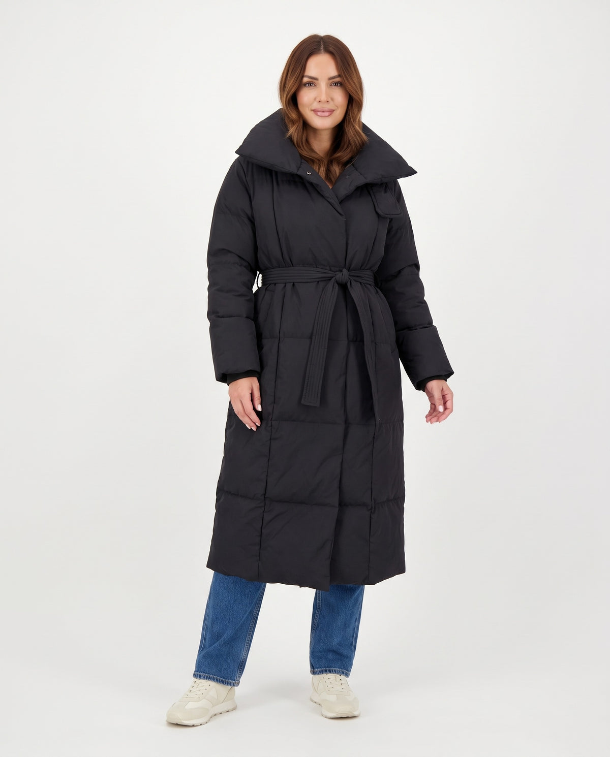 Blythe | Women's Long Puffer Coat with Shawl Collar and Belt for Winter in Black