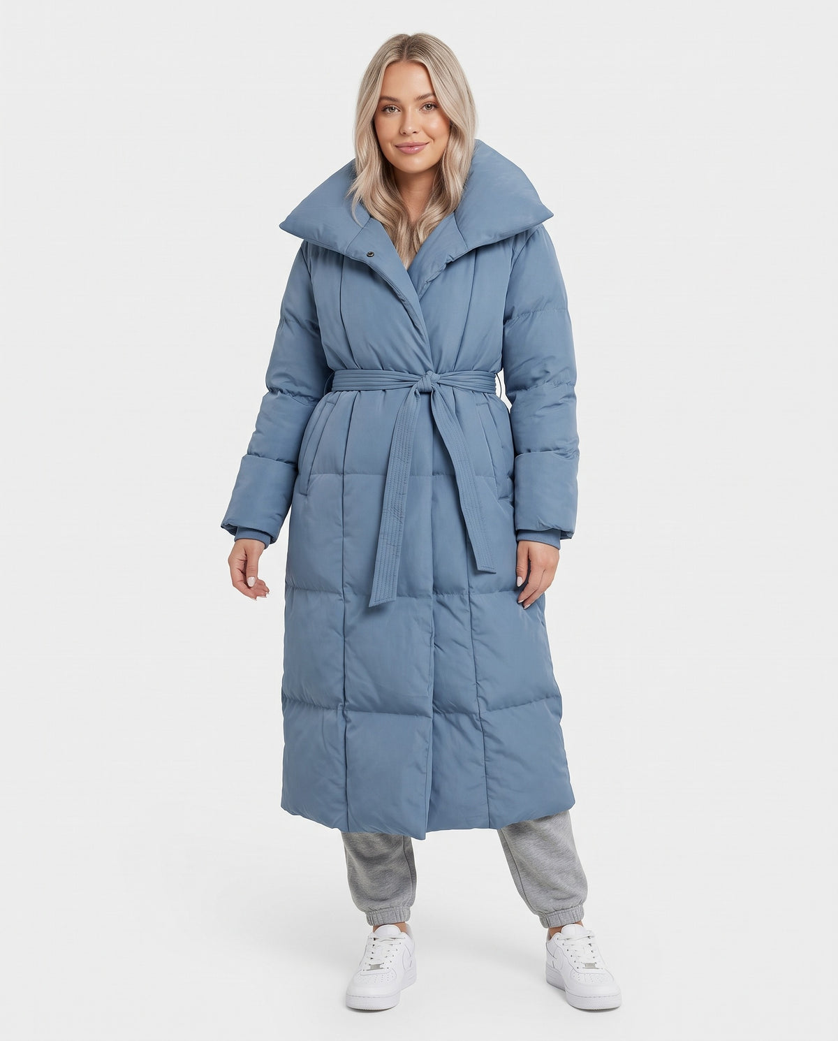 Blythe | Women's Long Puffer Coat with Shawl Collar and Belt for Winter in Blue