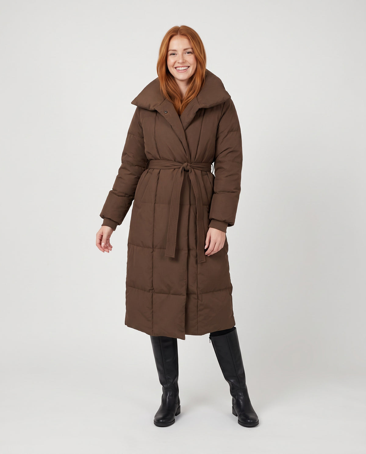 Blythe | Women's Long Puffer Coat with Shawl Collar and Belt for Winter in Brown