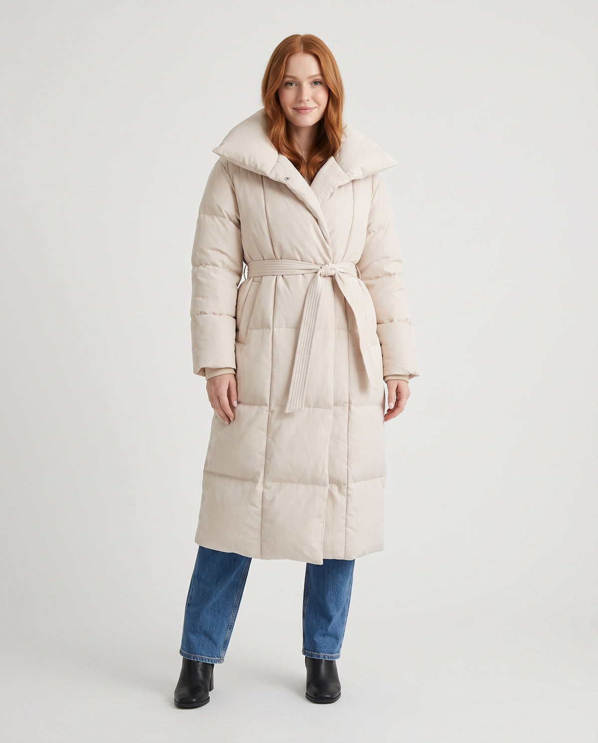 Blythe | Women's Long Puffer Coat with Shawl Collar and Belt for Winter in Cream