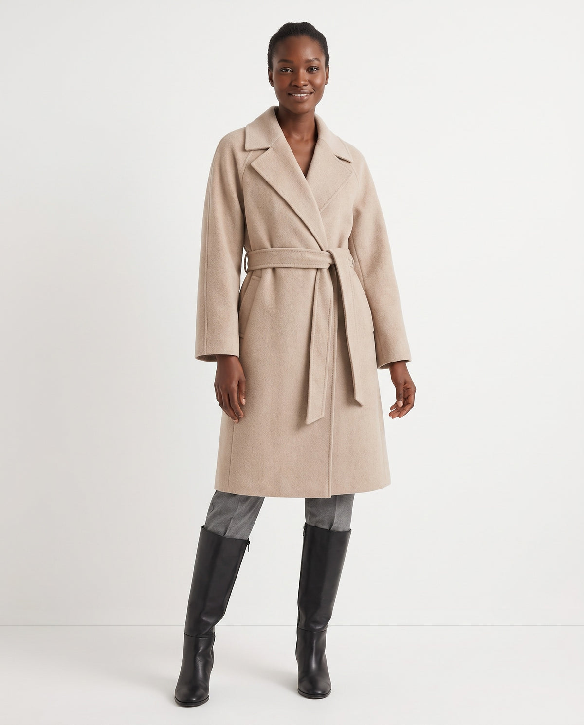 Tilda | Women's Winter Wool Coat with Wrap Front and Self Tie Belt in Beige