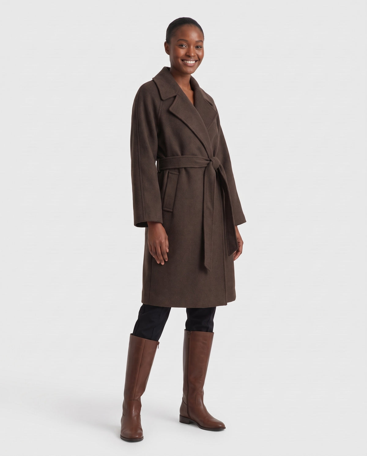 Tilda | Women's Winter Wool Coat with Wrap Front and Self Tie Belt in Dark Brown side view