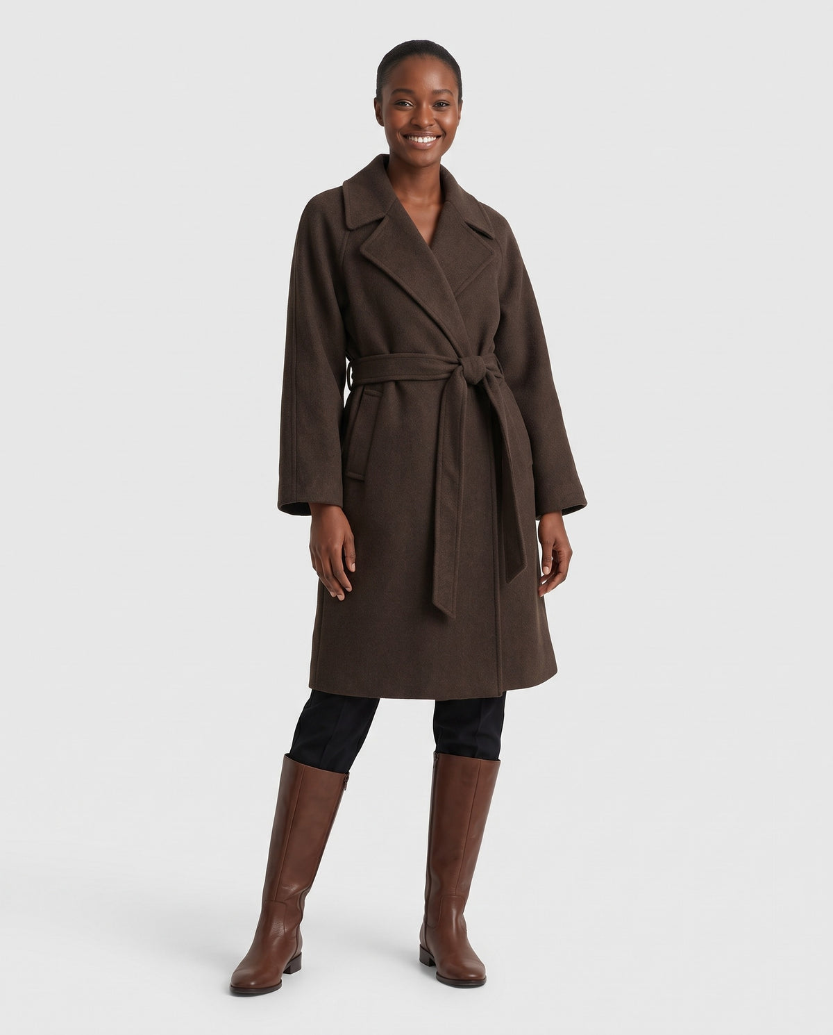 Tilda | Women's Winter Wool Coat with Wrap Front and Self Tie Belt in Dark Brown
