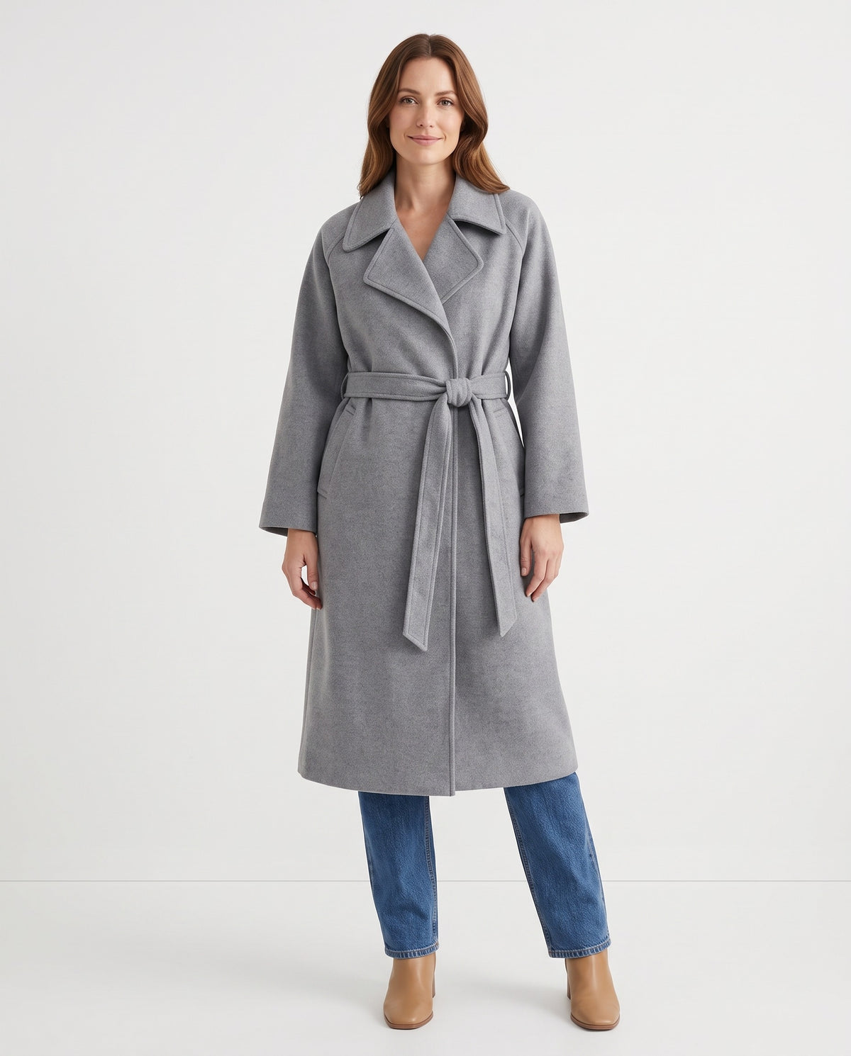Tilda | Women's Winter Wool Coat with Wrap Front and Self Tie Belt in Grey